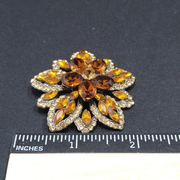 Vintage Floral Light Dark Topaz Rhinestones Brooch Pendant Combo, 1990s, 2 Inch - Picture 6 of 7